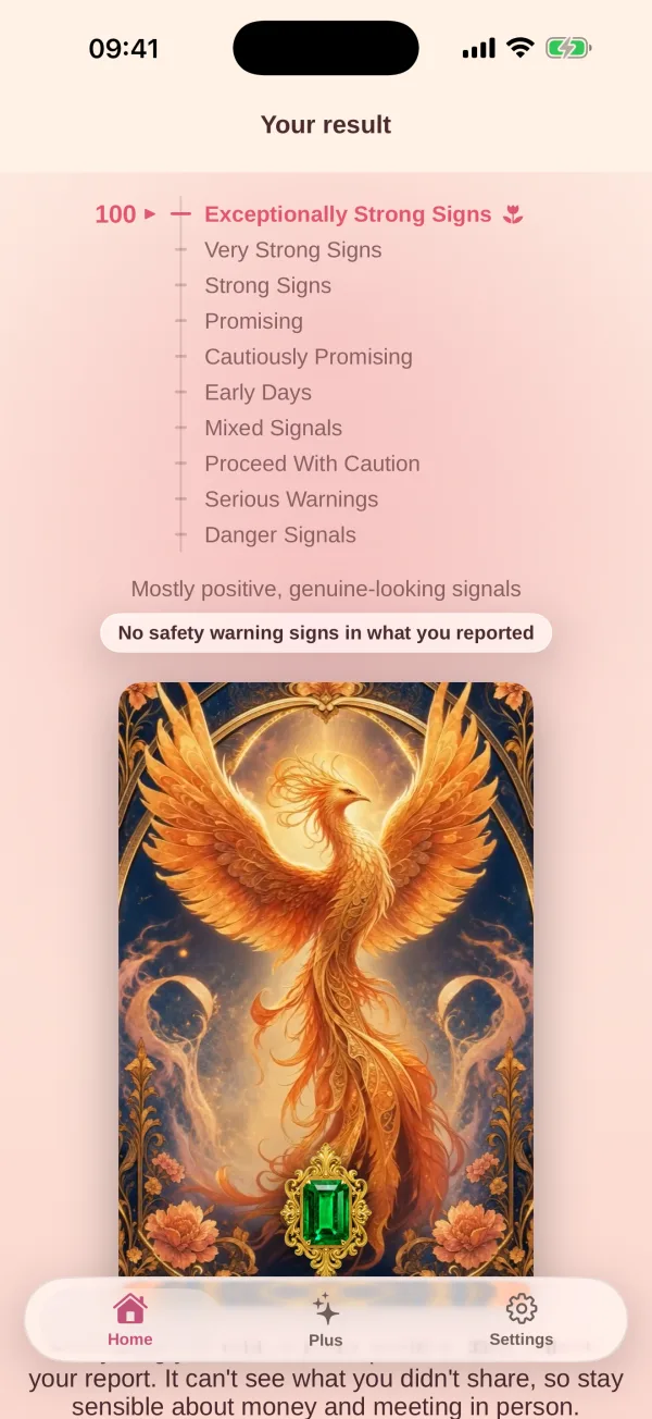 A LoveGrader result with reassurance when the signs hold up, and a nudge to still verify.