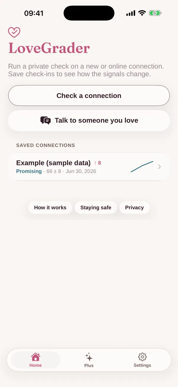 The LoveGrader home screen, where you start a private check on a new or online connection.