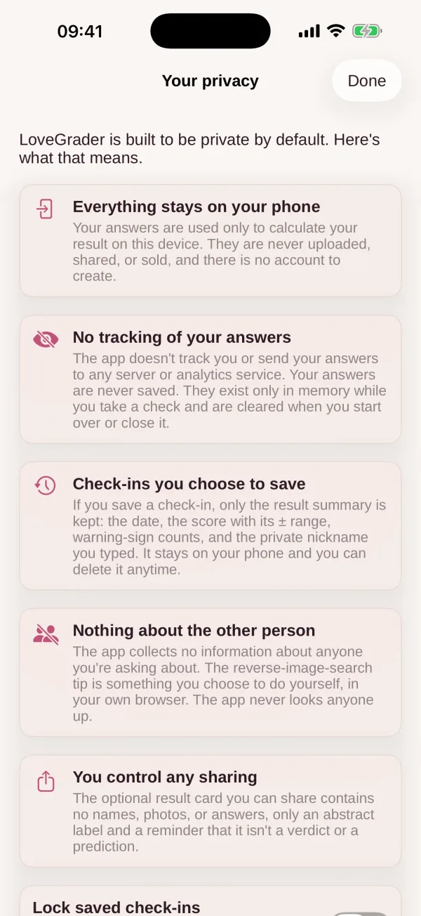 A LoveGrader screen explaining that everything stays private and on your phone.
