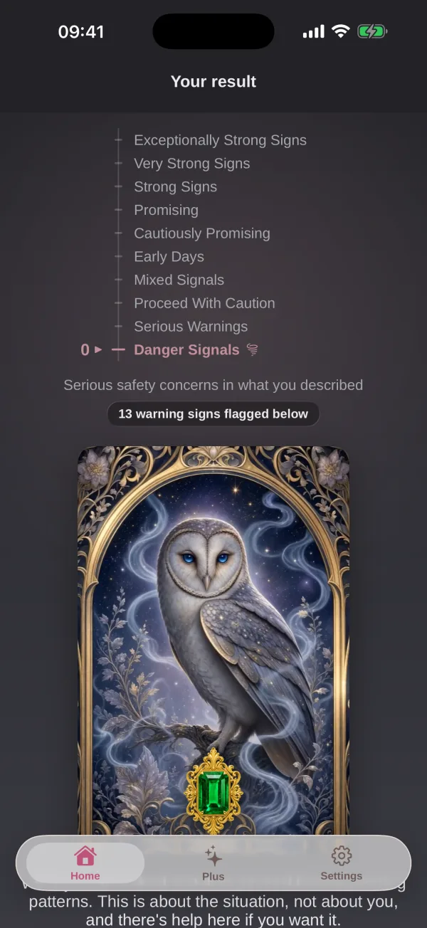 A LoveGrader result screen showing a clear warning when the signs are strong, with links to the FTC and FBI.